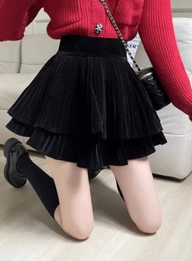 法式复古丝绒高腰a字蛋糕裙秋冬女装外穿打底蓬蓬半身裙百褶短裙