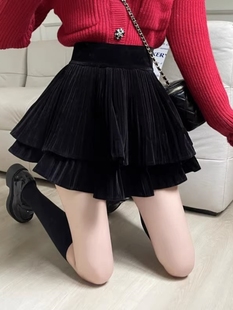 法式复古丝绒高腰a字蛋糕裙秋冬女装外穿打底蓬蓬半身裙百褶短裙