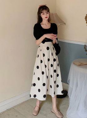 韩版波点半身裙女夏季赫本风中长款高腰a字伞裙法式复古大摆裙子