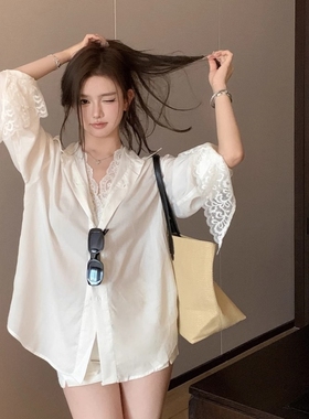 法式复古假两件蕾丝长袖雪纺衬衫女春秋薄款外穿内搭宽松防晒上衣