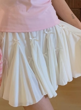 法式蝴蝶结蓬蓬裙白色芭蕾风百褶裙女春秋夏季内搭A字半身裙短裙