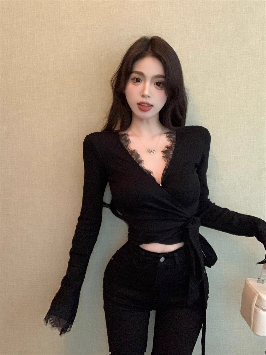 韩版蕾丝绑带长袖打底衫春秋外穿