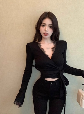 韩版蕾丝绑带长袖打底衫女春秋季外穿内搭性感纯欲v领短款T恤上衣