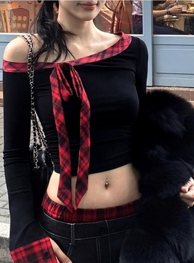 美式辣妹复古红格子露肩内搭长袖打底衫女春秋季外穿收腰短款上衣