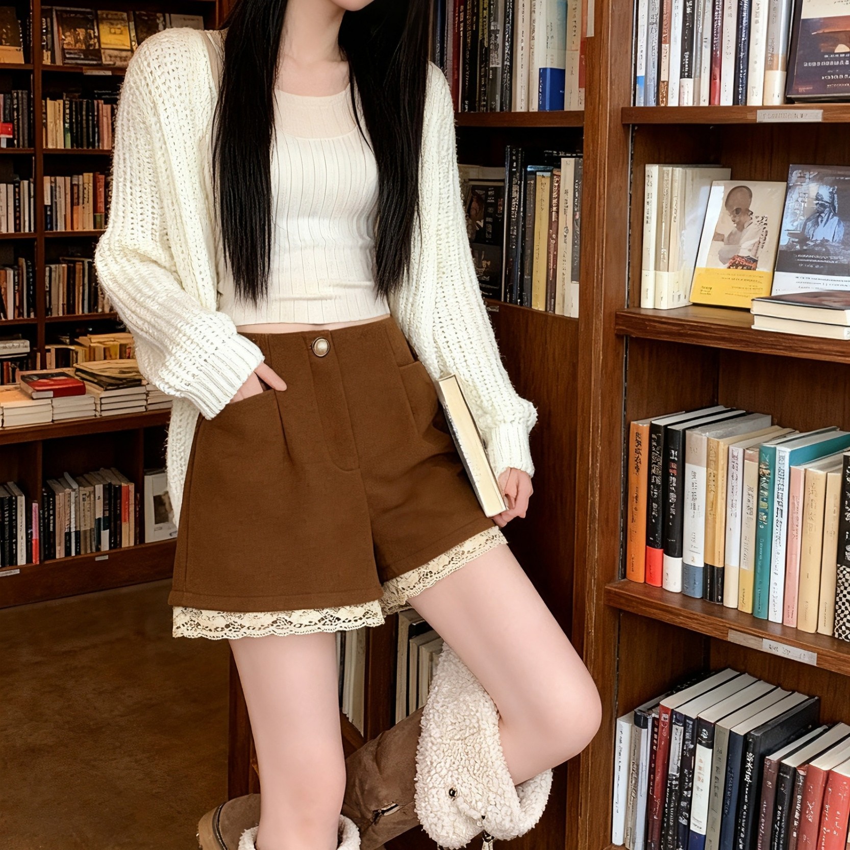 复古休闲毛呢短裤子女早春秋季打底高腰内搭蕾丝花边a字靴裤外穿,女装/女士精品,休闲裤,淘宝优惠券,粉丝福利购,淘宝优惠卷