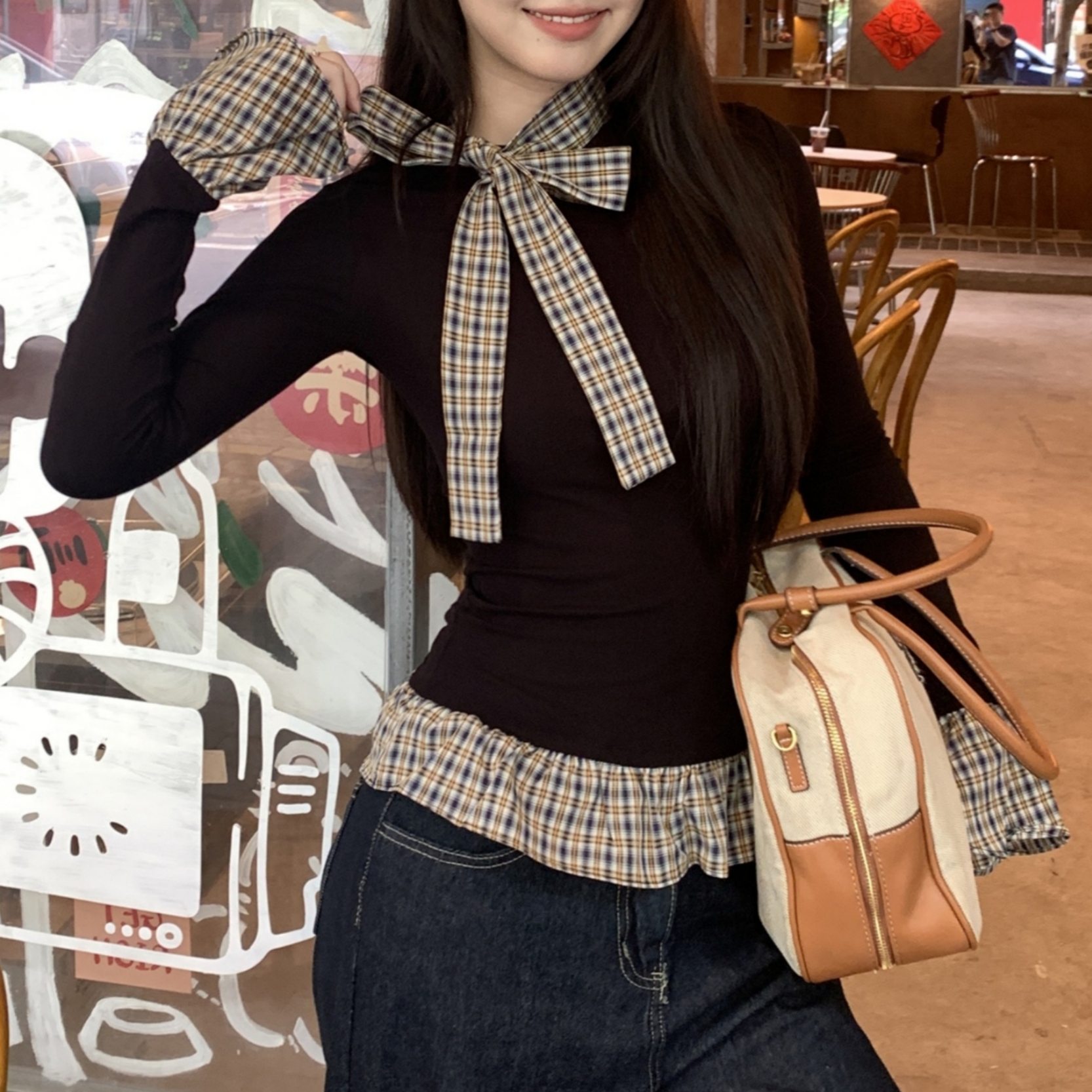 法式复古格纹假两件喇叭袖上衣