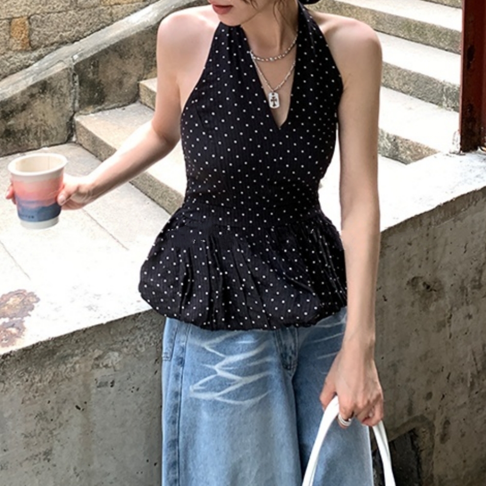 法式复古露背波点挂脖吊带背心