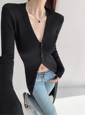 法式修身显瘦黑色加厚V领长袖针织开衫大衣女秋冬外搭中长款外套