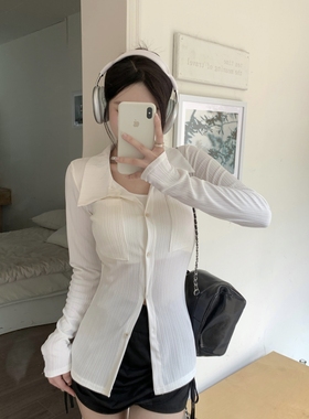 法式收腰衬衫薄款外套女春秋季外穿修身内搭显瘦气质长袖翻领上衣