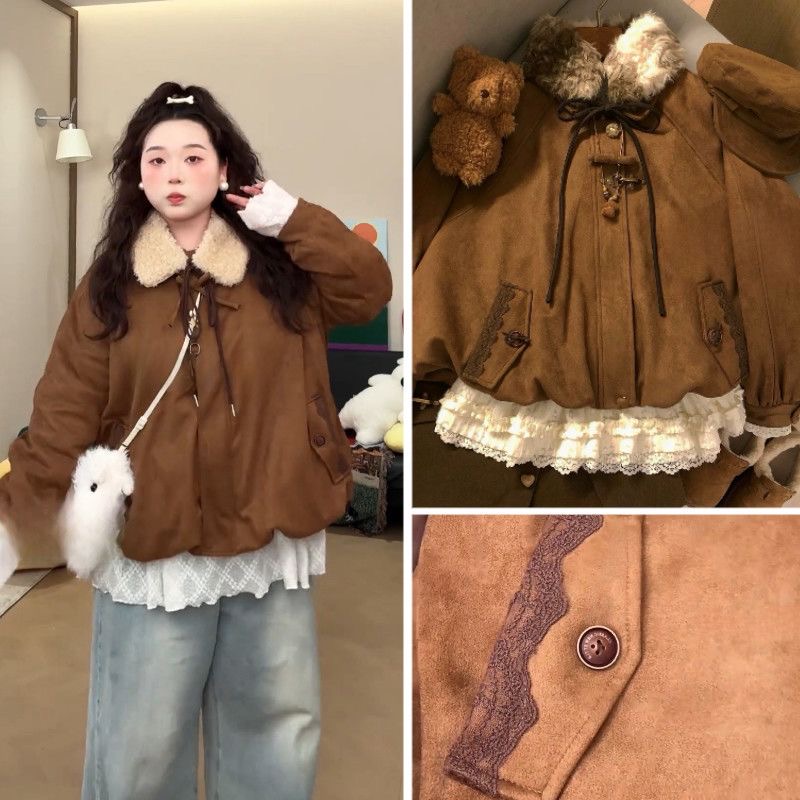 程小姐 大码定制女装2025冬新款复古鹿皮绒加厚保暖花苞棉服外套