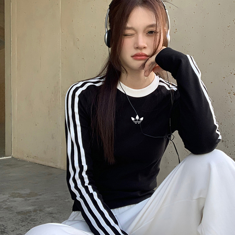 2025新款圆领长袖打底衫女薄款修身显瘦辣妹条纹短款长袖上衣