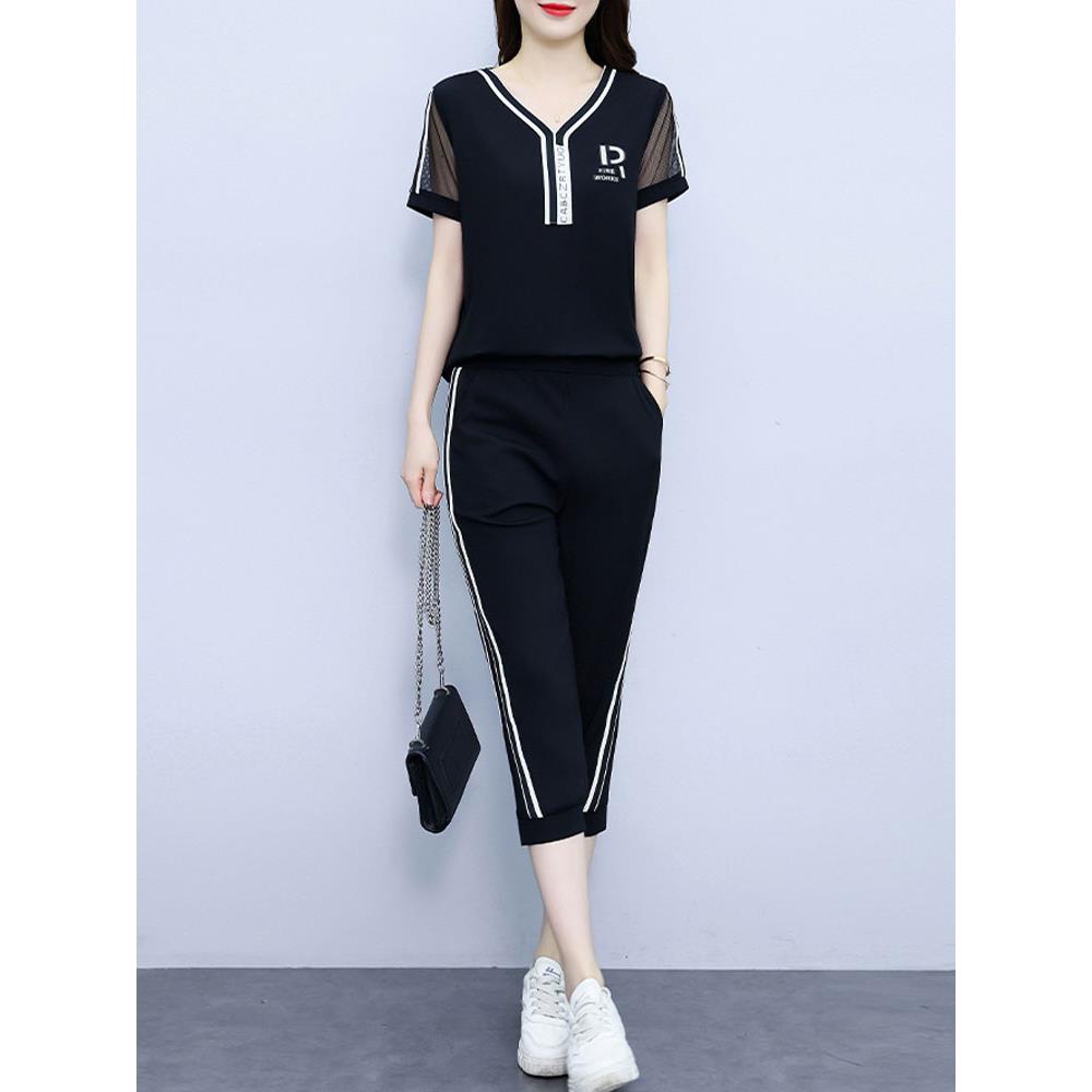 韩国2026夏季新款休闲运动套装女妈妈装大尺码女装撞色七分裤两件