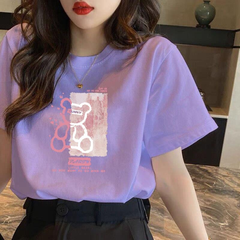 韩国纯棉圆领短袖T恤女夏短款韩版宽松半袖小熊上衣紫色百搭T恤