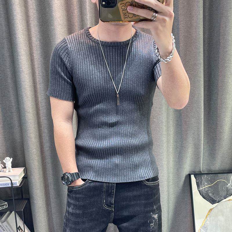 潮牌纯色短袖毛衣男修身圆领弹力紧身薄款针织衫青年男装潮流上衣