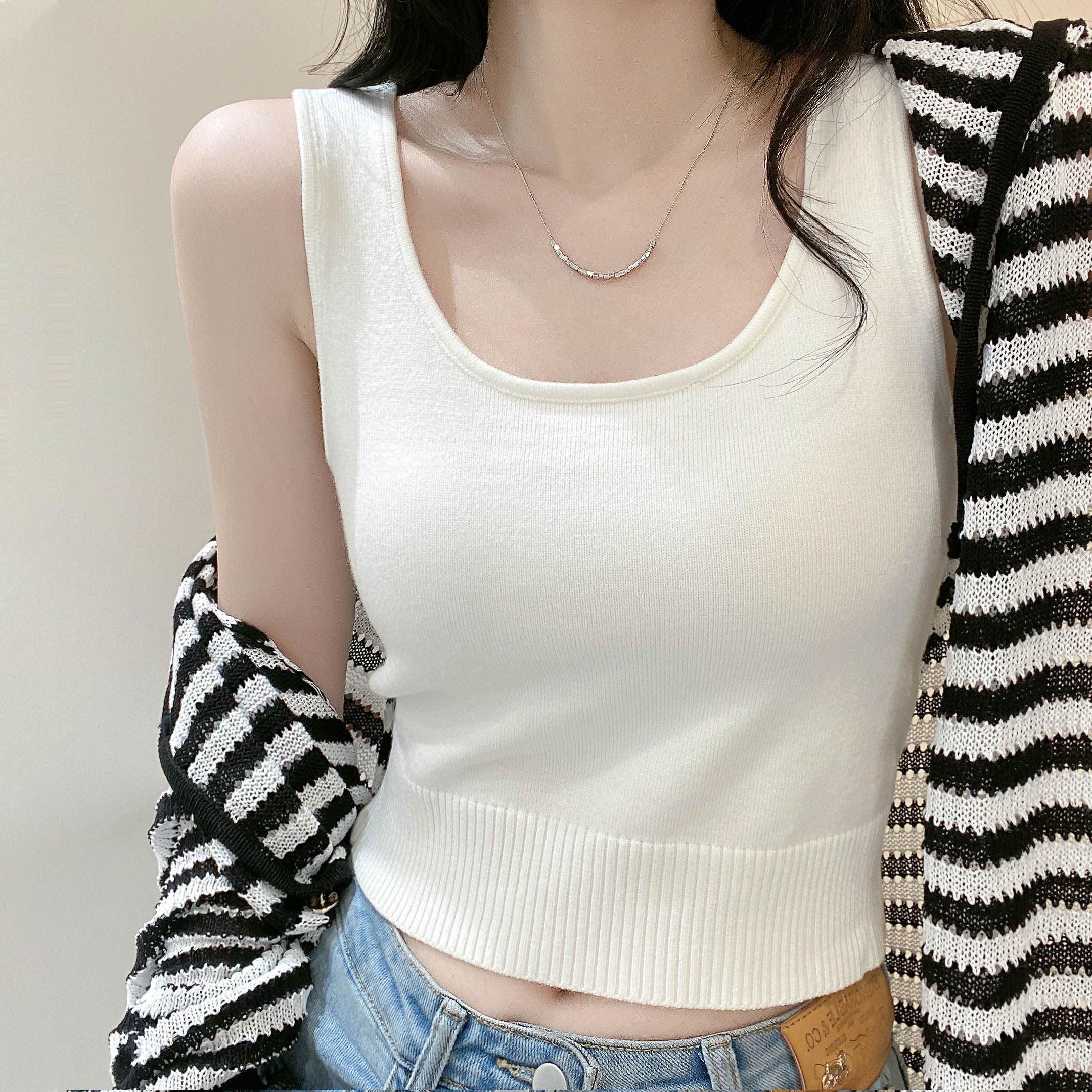 白色u领吊带针织背心为妇女,条纹修身,多功能短袖无胸覆盖内层
