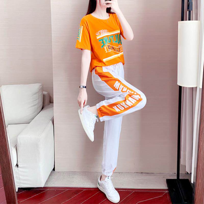 欧洲站运动套装女夏季2025年新款薄款洋气时尚橙色短袖休闲两件套
