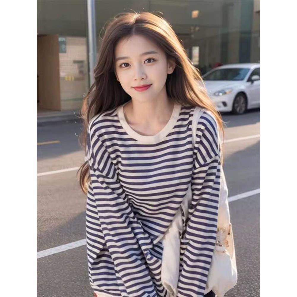 韩国条纹卫衣长袖t恤女春秋2025年新款打底衫宽松纯棉设计感上衣