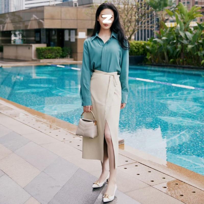 明星同款绿色衬衫女装春夏秋装宽松设计感小众上衣百搭高腰半身裙