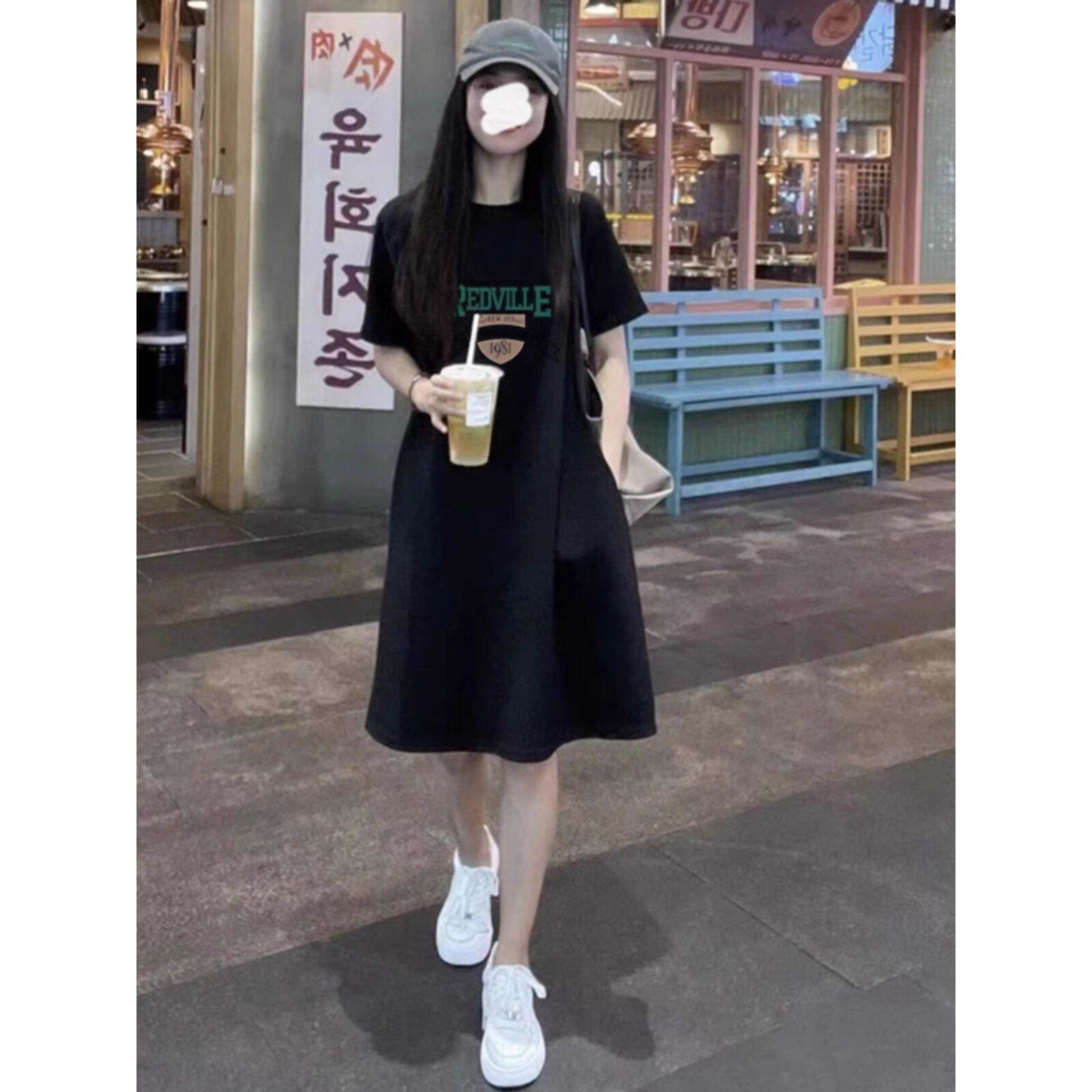 黑色短袖T恤裙女2025年夏季新韩版洋派印花宽松休闲 中长版洋装