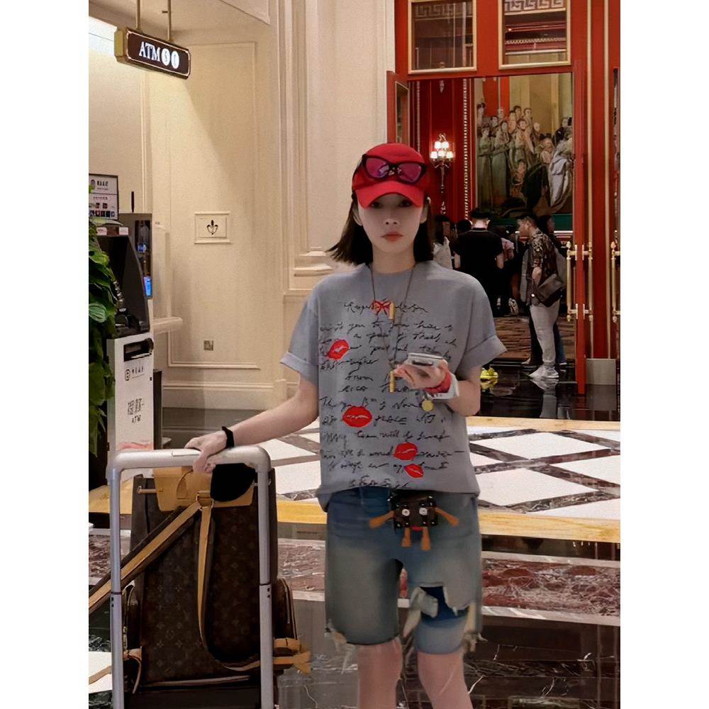 韩版复古宽松慵懒风上衣夏女2024新款小众别致印花短袖T恤女休闲