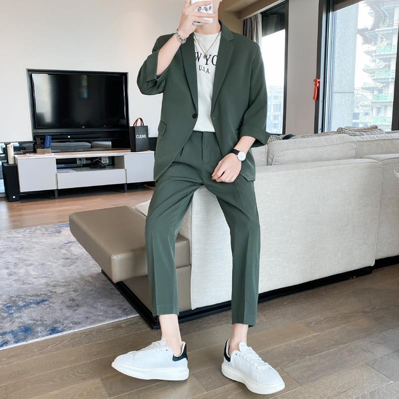 罗蒙七分袖西服套装男士2025夏季新款高级宽松痞帅小西服九分裤子