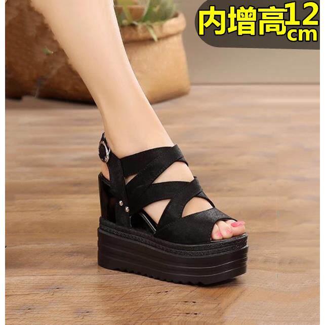 小个超高跟凉鞋内增高12厘米松糕鞋夏季厚底白色鱼嘴女鞋百搭透气