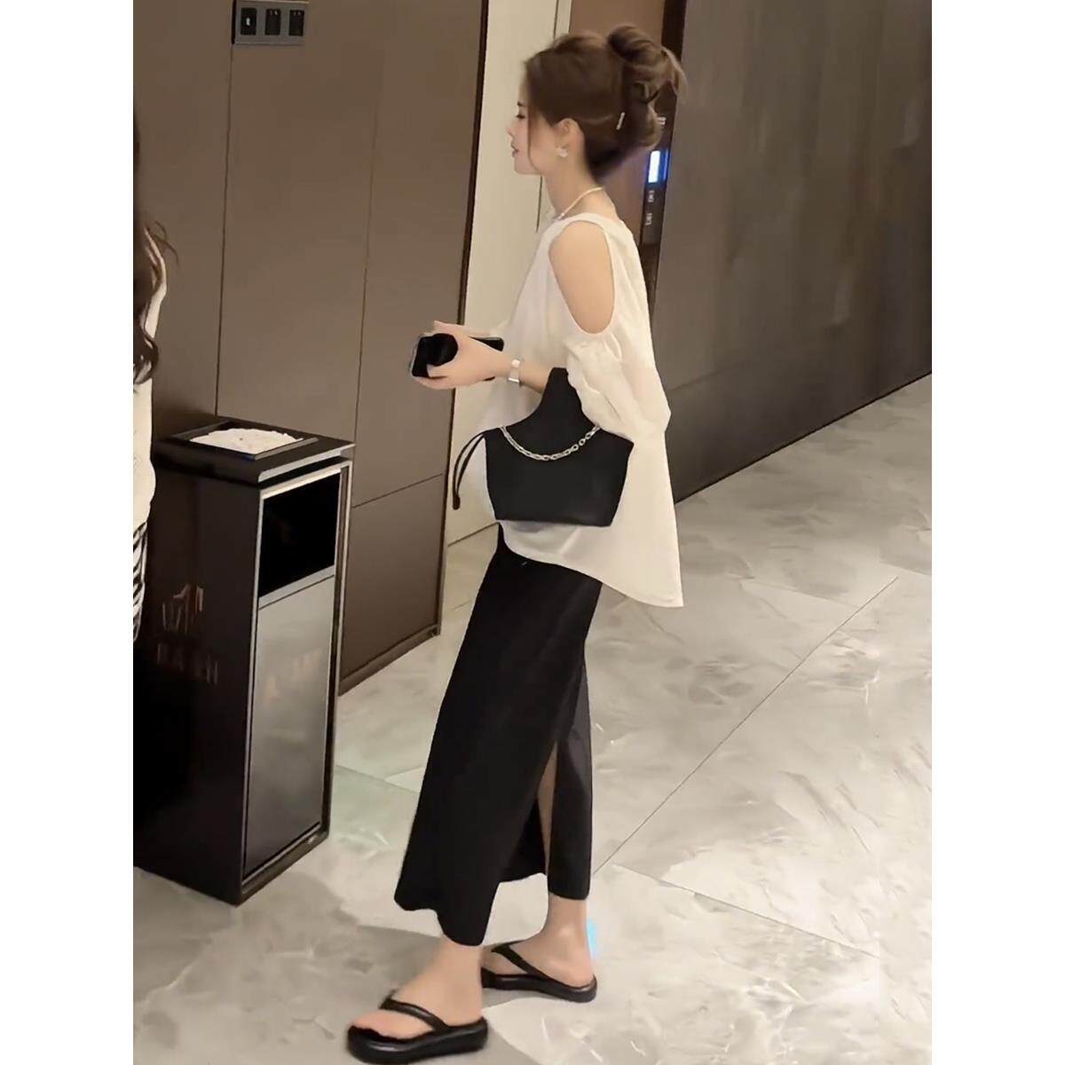 韩国2025夏新款高级感御姐套装裙小个子露肩雪纺上衣半身裙两件套