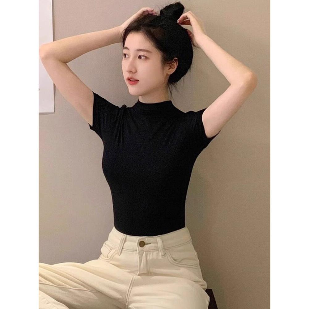 莫代尔黑色半高领短袖t恤女春夏2026冰丝中领上衣紧身半袖打底衫