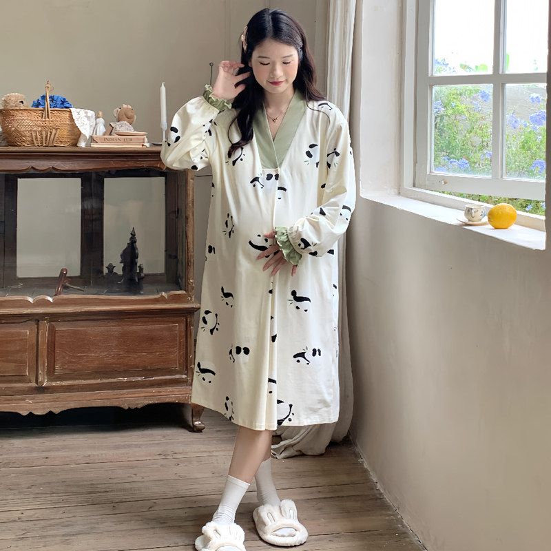 带胸垫月子裙纯棉产后哺乳睡衣秋