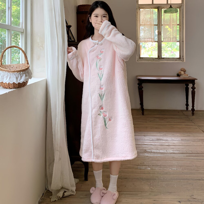 产后月子服哺乳睡裙秋冬季法兰绒