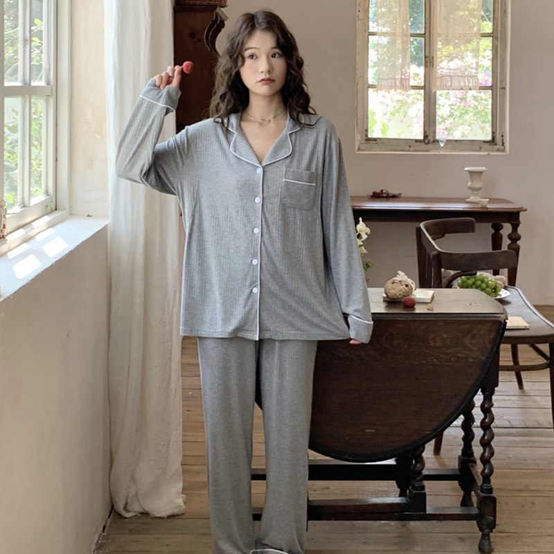 条坑莫代尔哺乳睡衣套装春夏56月