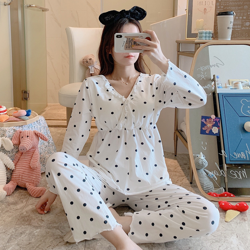 孕妇带胸垫秋衣秋裤两件套纯棉喂奶月子服秋冬产后哺乳家居服妈妈