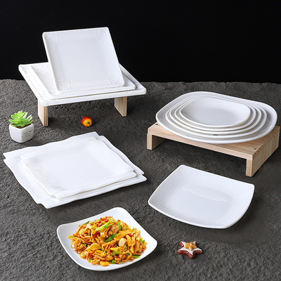 密胺餐具玉晶白正方盘牛肉盘商用