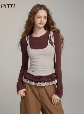 VIAPITTI设计感假两件花边背心打底长袖T恤女装秋冬内搭修身上衣