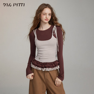 VIAPITTI设计感假两件花边背心打底长袖T恤女装秋冬内搭修身上衣