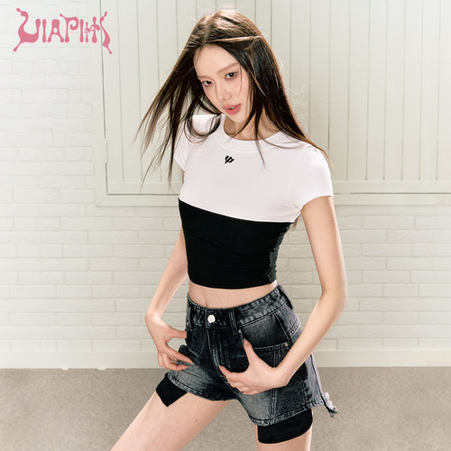 黑白拼接撞色修身短袖TVIAPITTI