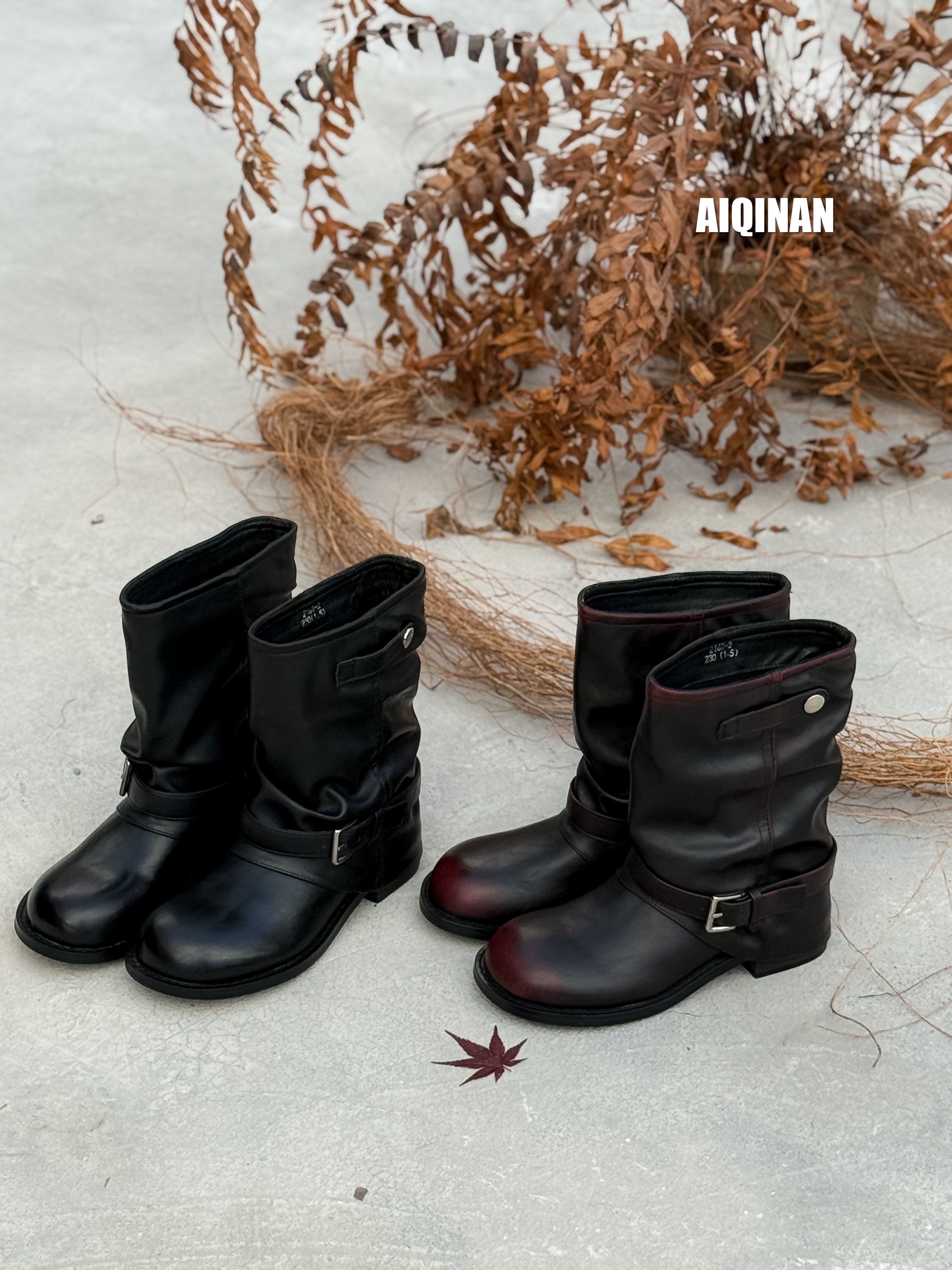 裤管靴2025新款真皮短靴女褶皱西部牛仔靴女黑色圆头复古骑士靴女,女鞋,时装靴,淘宝优惠券,粉丝福利购,淘宝优惠卷