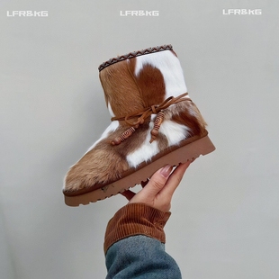 民族风马毛拼色厚底圆头短靴子羊毛保暖防滑棉鞋 雪地靴女款 冬季