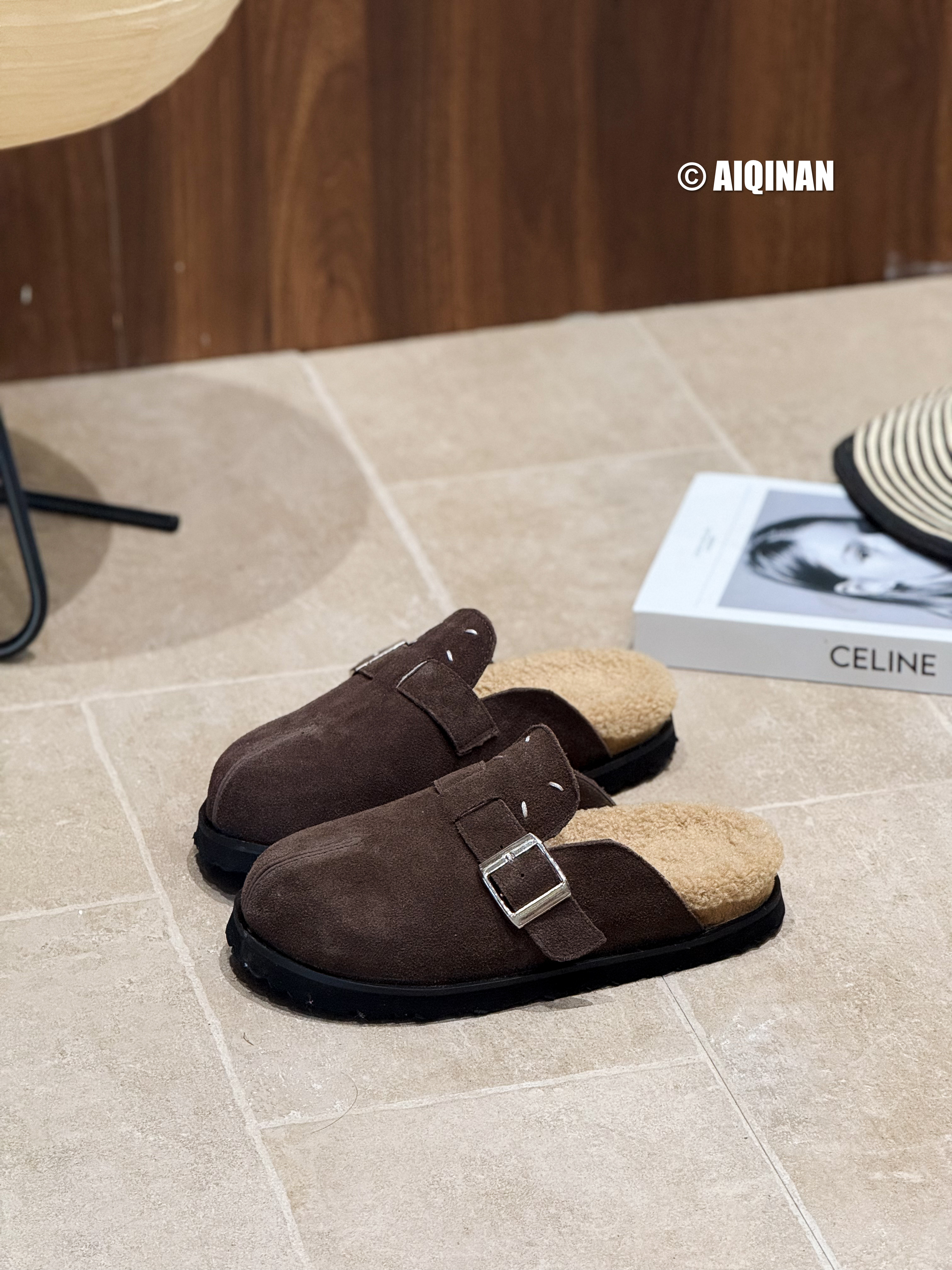 2025新款真皮厚底勃肯鞋女一脚蹬包头穆勒鞋厚底防寒保暖棉拖鞋潮