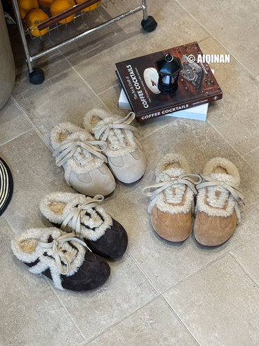 新款森系系带毛绒绒羊皮毛一体雪地靴女款复古时尚百搭休闲包头拖