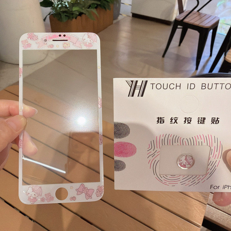 适用苹果6s/7卡通钢化玻璃8plus贴膜iPhone4/5s指纹按键贴se1/2/3