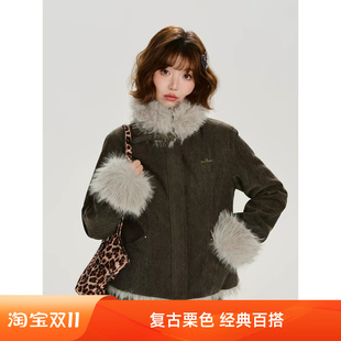 LUXE新潮美式复古栗色毛绒外套女冬季款设计感保暖加厚毛领上衣女