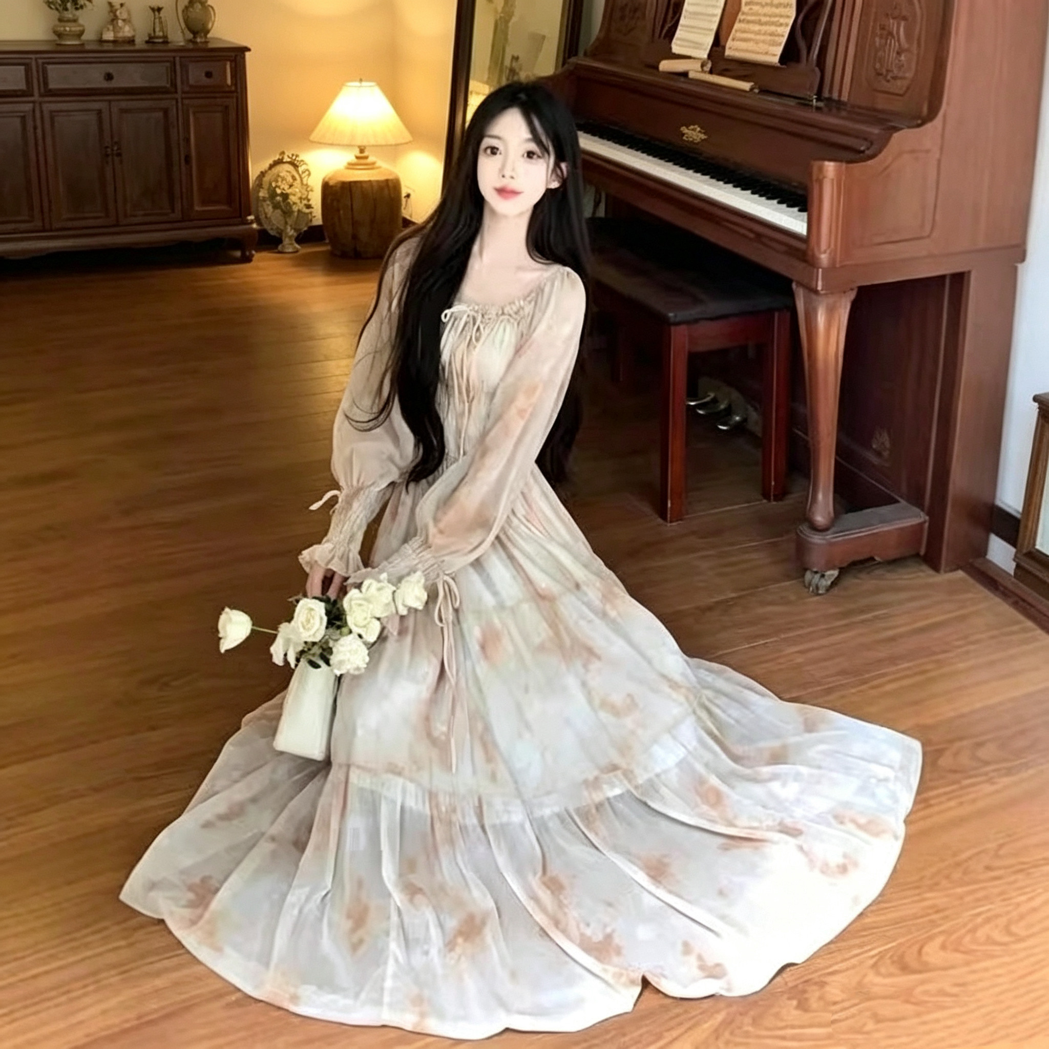 法式印花雪纺显瘦仙女连衣裙