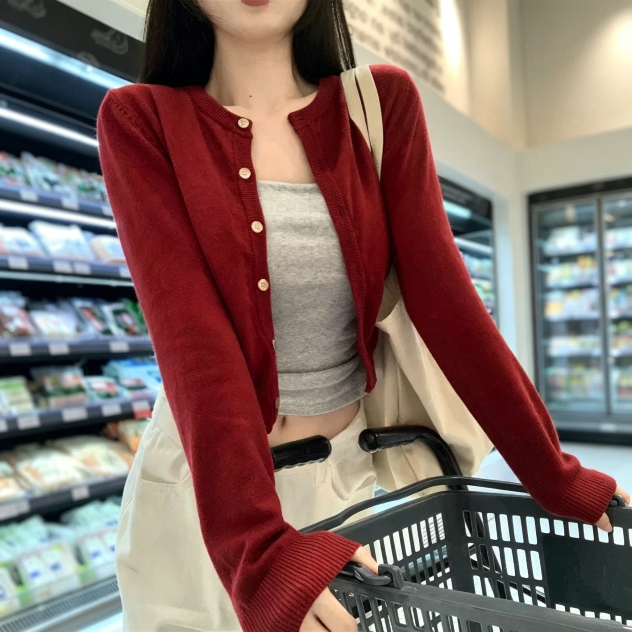 法式高级感红色薄款开衫毛衣女2026年春新款外套修身针织上衣外搭图片