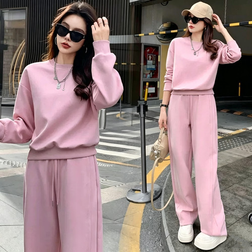 时尚休闲运动套装女2026新款春洋气减龄圆领卫衣高腰阔腿裤两件套