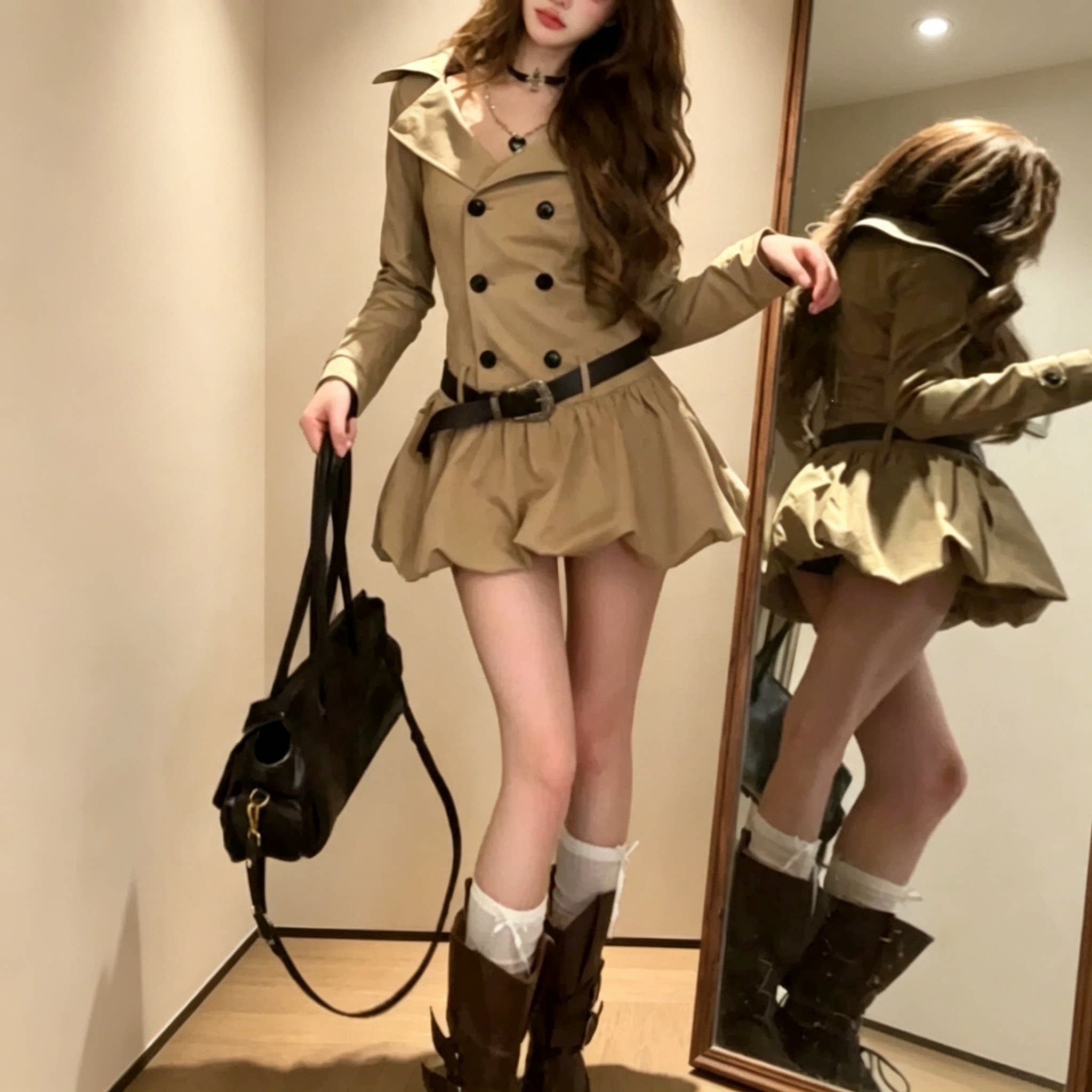 韩系学院风美拉德长袖连衣裙子女早秋季2026新款收腰a字花苞短裙
