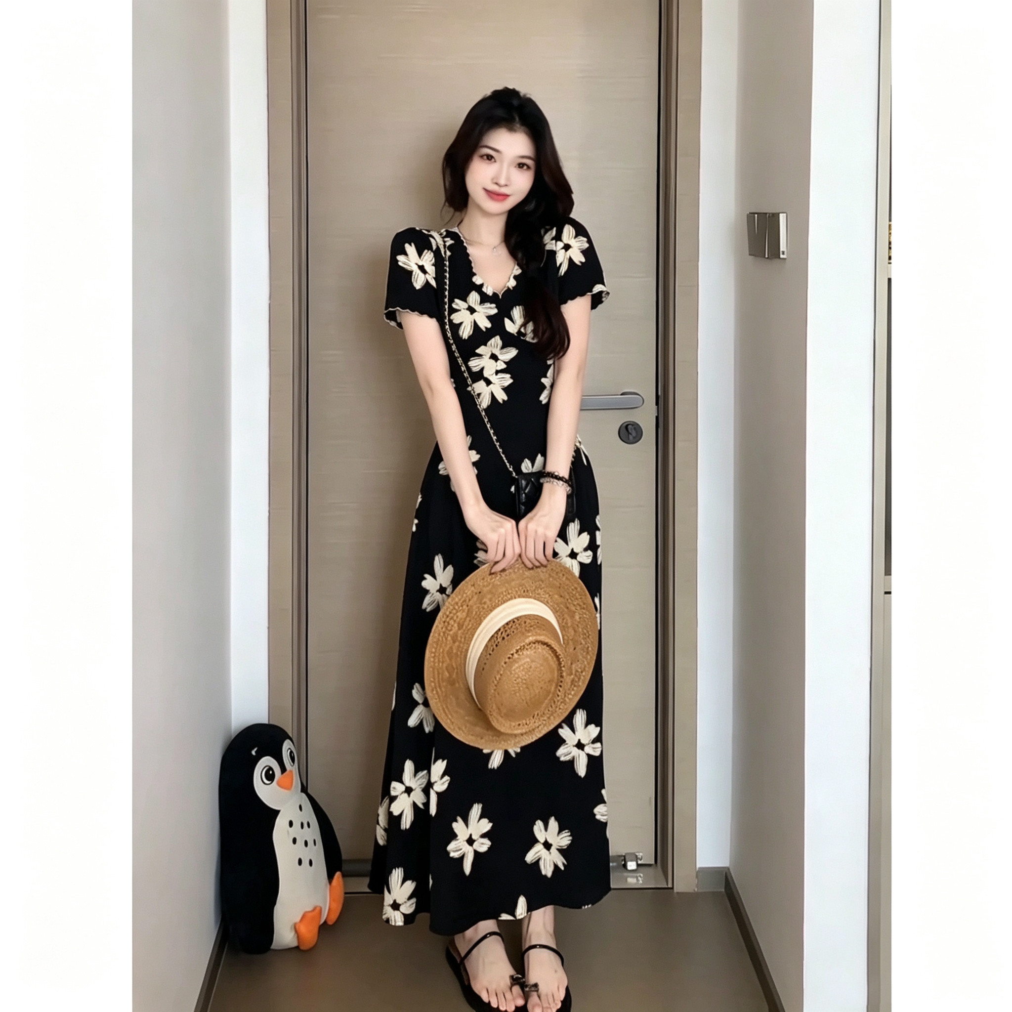 安妮不火法式碎花连衣裙花简约百搭大码松紧高腰显瘦短袖飞袖长裙