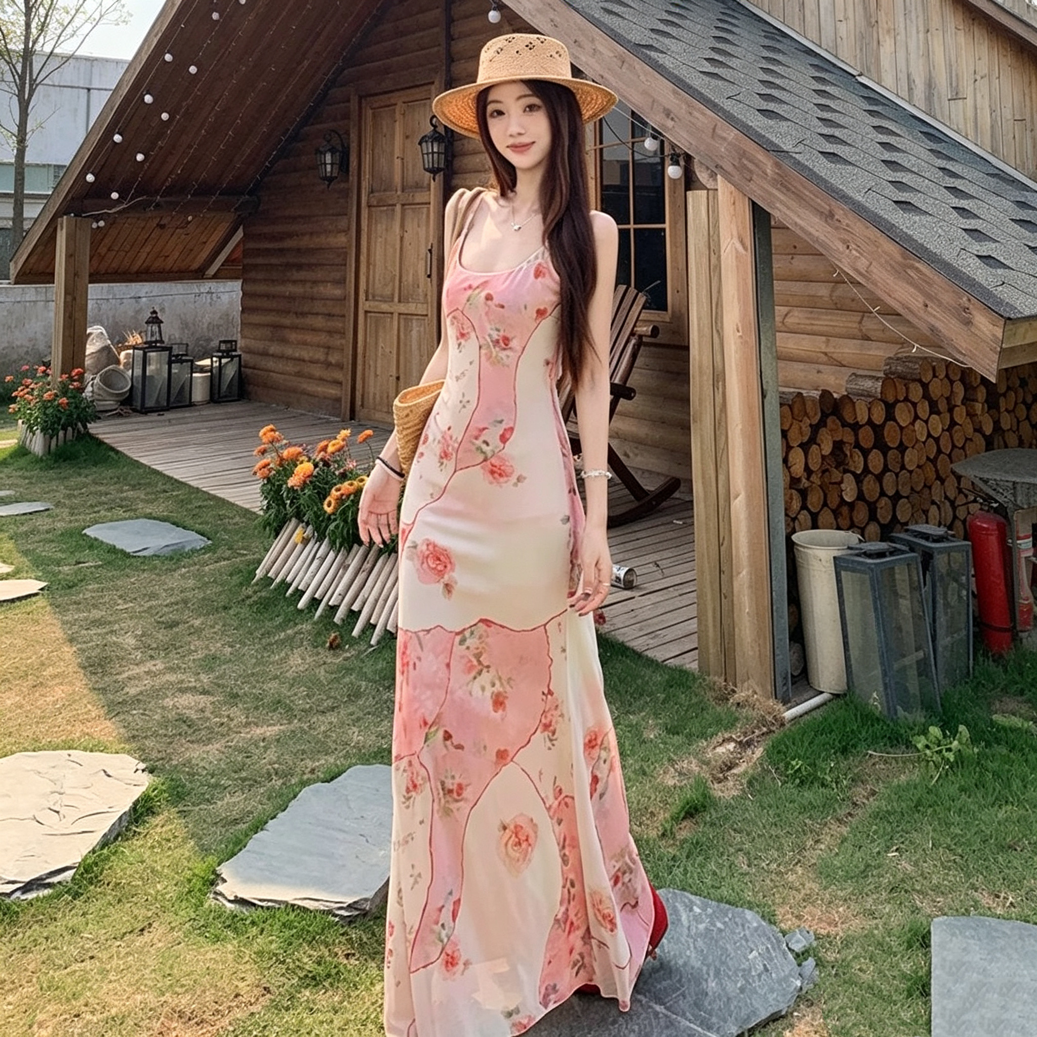 品牌折扣韩系度假连衣裙女2026新款夏季显瘦碎花高腰拼接吊带裙子