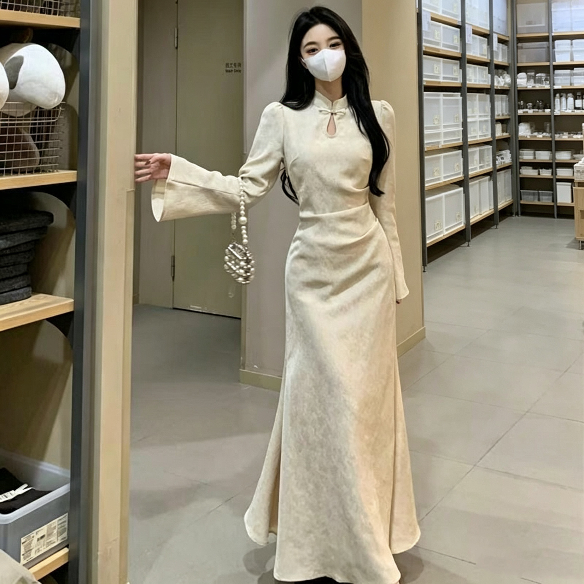 2026新款新中式国风旗袍裙气质高级感修身杏色包臀连衣裙鱼尾长裙