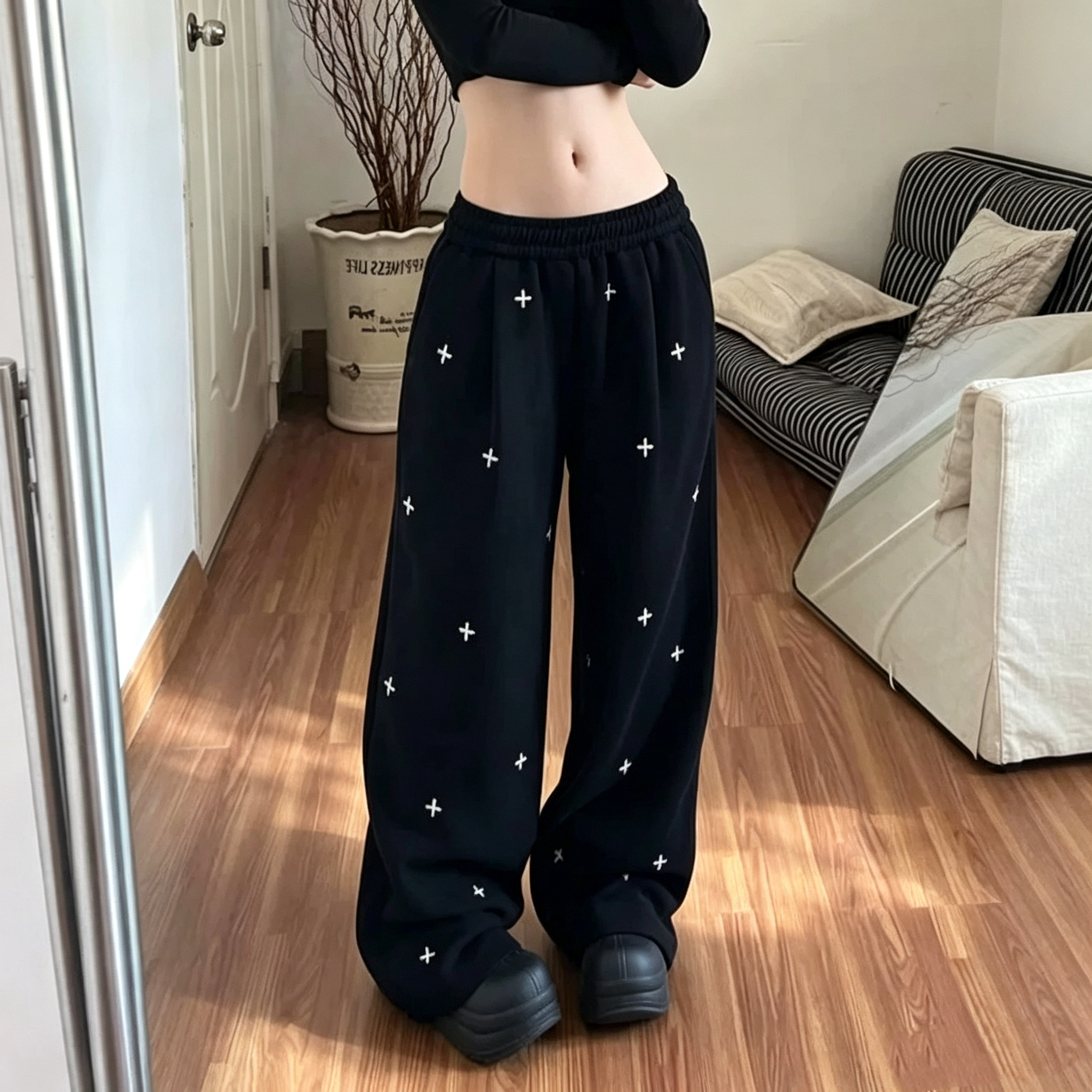 大码韩版宽松百搭抽绳300斤休闲裤女春夏新款宽松黑色修身阔腿裤